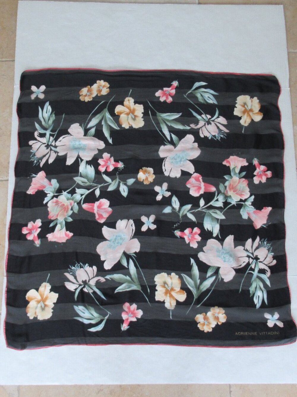 VTG Adrienne Vittadini 100% Silk Floral Pattern Square Scarf 34" X 34" Black
